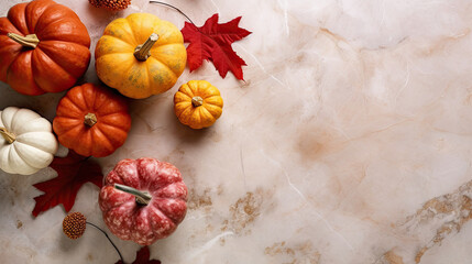 A group of pumpkins with dried autumn leaves and twig, on a scarlet color marble