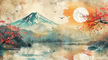 Abstract vintage Japanese painting style, background, wall decor, painting