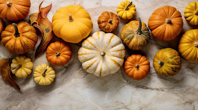 A group of pumpkins with dried autumn leaves and twig, on a chartreuse color marble