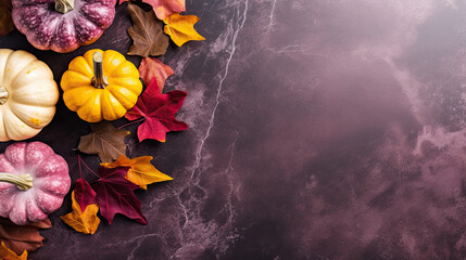 A group of pumpkins with dried autumn leaves and twig, on a dark magenta color marble