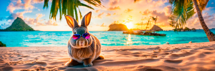 bunny with glasses on a background of palm trees. Selective focus. - obrazy, fototapety, plakaty