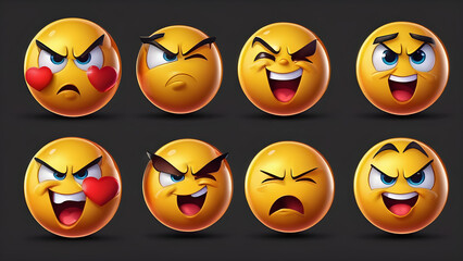 illustration image, Glassy is portrayed as a cartoon character displaying anger, joy, love, and sadness emojis for social networks, featuring funny faces.