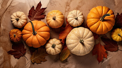 A group of pumpkins with dried autumn leaves and twig, on a vivid brown color marble