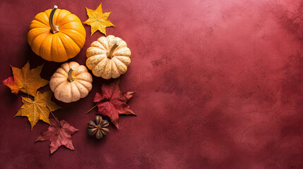 A group of pumpkins with dried autumn leaves and twig, on a vivid maroon color marble