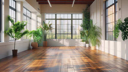 Fototapeta premium an empty modern contemporary loft room, featuring a polished wooden floor with scattered green plants.