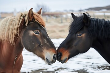 Fototapeta premium two icelandic horses rubbing noses in a display of affection
