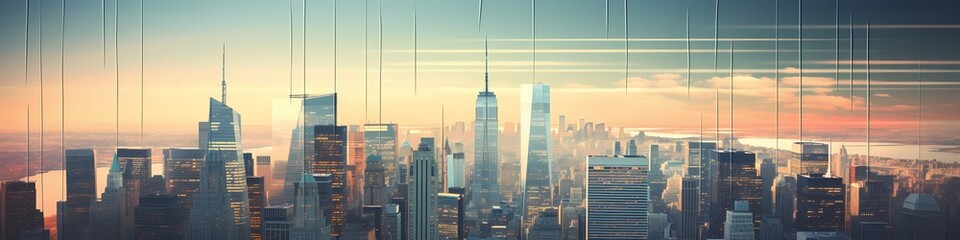 An ascending stock trend superimposed over a panoramic view of a financial district. - obrazy, fototapety, plakaty