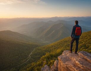 A man stands on the edge of a cliff overlooking a mountain valley