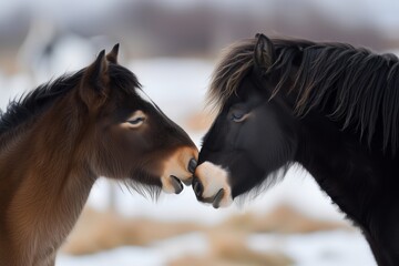 two icelandic horses rubbing noses in a display of affection