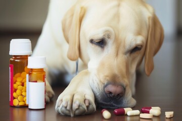labrador retriever resting head on paws next to medicine bottles