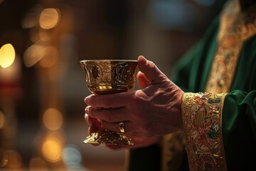 Close-up of hands holding a communion chalice Eucharist, with a religious Catholic vestment in the background, Generative AI
