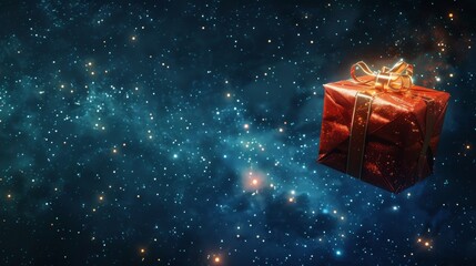 surreal moment where a gift box hovers above our planet, surrounded by the twinkling stars and galaxies, symbolizing the limitless possibilities of the universe