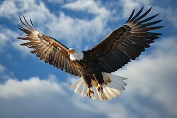 Obraz premium Majestic bald eagle in flight against a backdrop of scattered clouds and blue sky, Generative AI