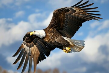 Fototapeta premium Majestic bald eagle in flight against a backdrop of scattered clouds and blue sky, Generative AI