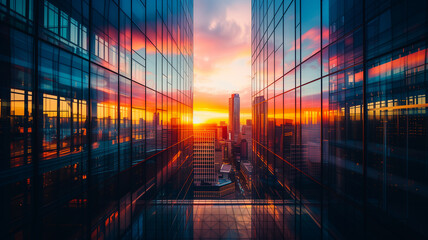 buildings with numerous glass windows, reflecting the vibrant hues of sunset.