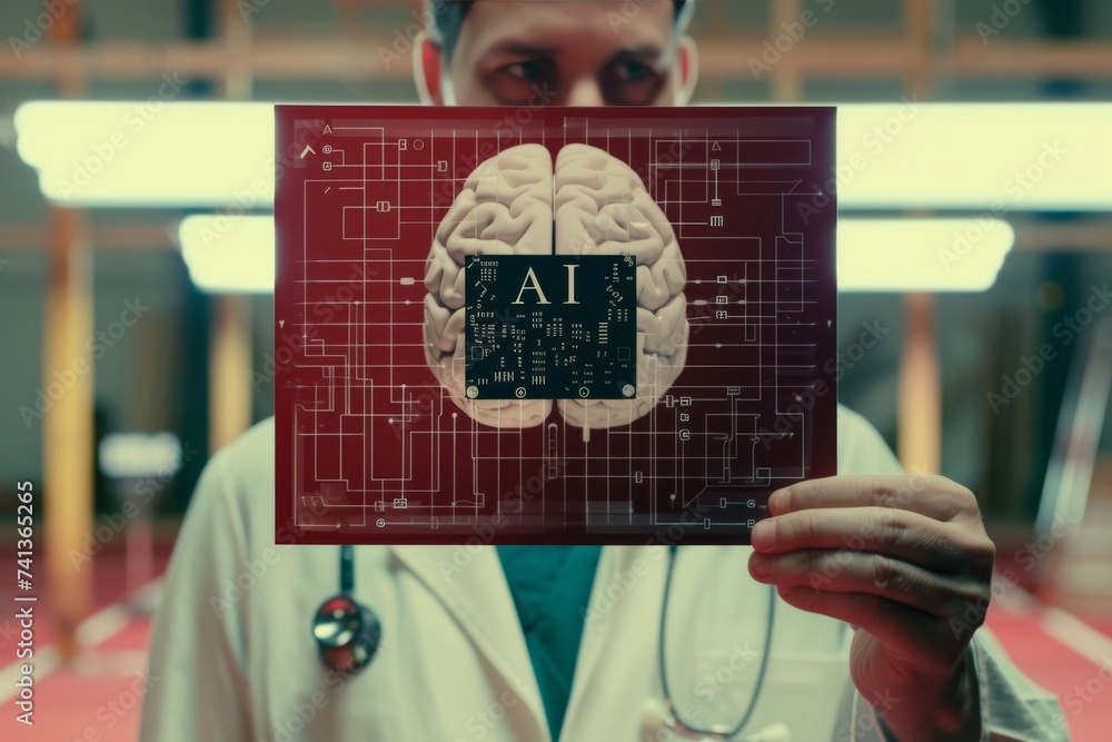 Poster ai brain chip second messenger system. artificial intelligence server mind neon amber axon. semicond