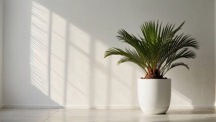 Fototapeta premium Design a mockup template featuring a tropical palm tree pot against a white wall, illuminated by sunlight and shadows, creating a stunning natural backdrop.