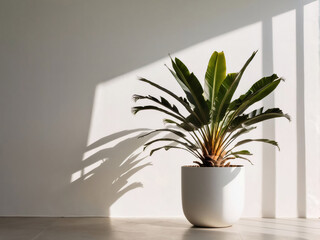Design a mockup template featuring a tropical palm tree pot against a white wall, illuminated by sunlight and shadows, creating a stunning natural backdrop.