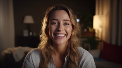 A Headshot screenshot of a smiling young woman sitting at home video chatting with friends or relatives. Happy woman talking online using webcam meeting on computer.