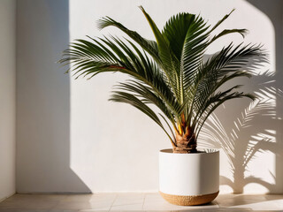 Design a mockup template featuring a tropical palm tree pot against a white wall, illuminated by sunlight and shadows, creating a stunning natural backdrop. - obrazy, fototapety, plakaty