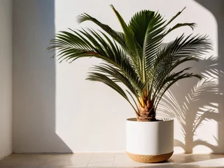 Foto op Canvas Design a mockup template featuring a tropical palm tree pot against a white wall, illuminated by sunlight and shadows, creating a stunning natural backdrop. © aiartth
