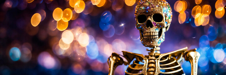 skeleton in a suit on a festive background. Selective focus. - obrazy, fototapety, plakaty