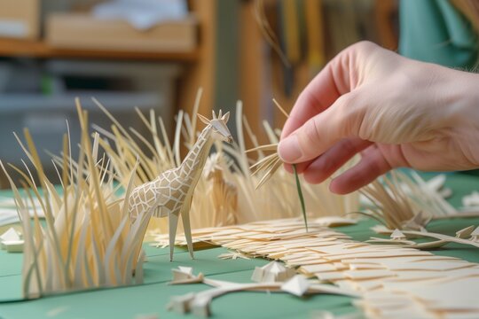 Creator Attaching Paper Wildlife To A Savannah Scene With Layered Grasses