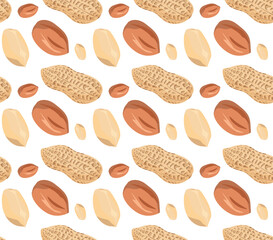 Peanut kernels are peeled and shelled at different angles. Seamless pattern in vector. Suitable for backgrounds and prints