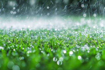 water droplets glistening on grass from sprinkler