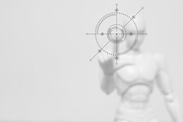 Blurred white robot cyborg man with hand pointing on hi tech circle Interface HUD, suitable for...
