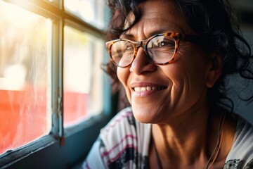 A cheerful middle-aged Hispanic woman with glasses, smiling by a window with sunlight, Generative AI - obrazy, fototapety, plakaty