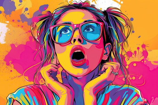 pop art illustration, a young and cute girl with a surprised expression