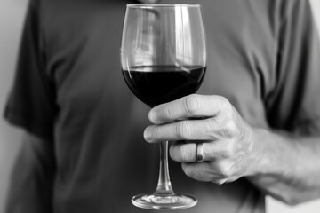 man holding a glass of wine, ring visible against the stem