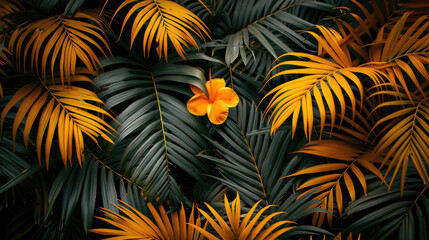 Fototapeta na wymiar Orange paradise flower surrounded by its tropical and robust green leaves 