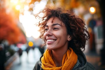 A joyful woman with curly hair enjoys a brisk autumn day in the city, her happiness evident as she strolls amidst the fall colors, Generative AI