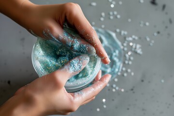 hands preparing a facial mask with visible microbeads content