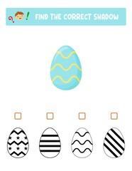 Find the right shadow. Colorful and black and white Easter eggs.Educational game with eggs. Logic games for children with an answer.A training card with a task for preschool and kindergarten children