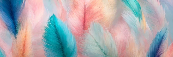 Rolgordijnen Boho dieren background texture with pastel feathers. Selective focus.