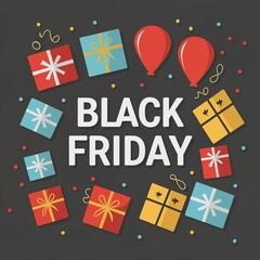 Celebrate Black Friday with gift boxes and balloons on a black background.
