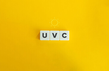 UVC Rays Banner. Text and Sun Icon on Yellow Orange Background. 