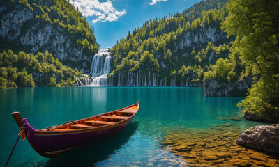 Serene view of a majestic waterfall surrounded by colorful flowers. Empty wooden boat on calm water
