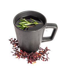 Hibiscus Tea, Dry Rose Drink, Cold Fruit Red Tea in Transparent Mug, Roselle Hibiscus Tea