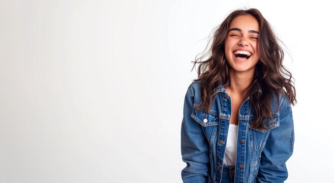 Portrait of crazy optimistic little girl wearing casual clothes hearing funny joke, laughing out loud