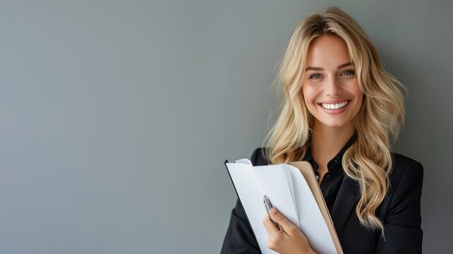 Happy young businesswoman standing with notebook