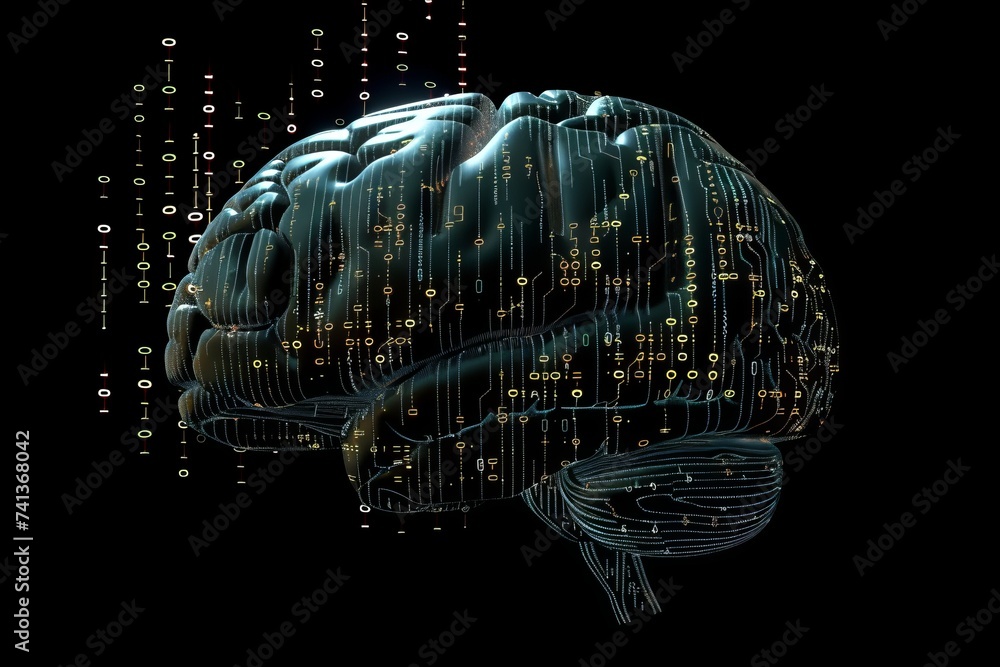 Poster ai brain chip network flow. artificial intelligence self improvement mind fissure axon. semiconducto