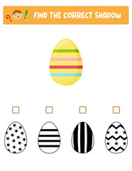 Find the right shadow. Colorful and black and white Easter eggs.Educational game with eggs. Logic games for children with an answer.A training card with a task for preschool and kindergarten children