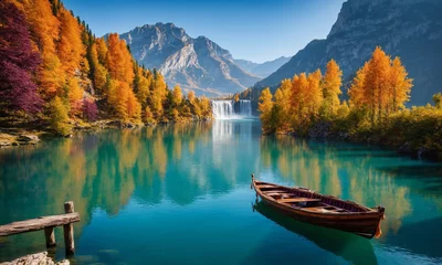 Foto auf Acrylglas A wooden boat floats on a tranquil lake surrounded by mountains and trees adorned with vibrant autumn foliage. The scene encapsulates the serene beauty of nature. © Andrey