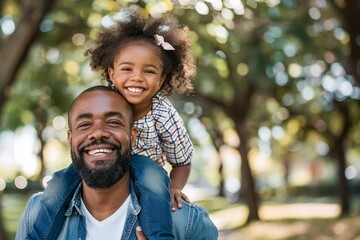 Love moment of African American Father and daughter playing in the park. Father's day concept. - obrazy, fototapety, plakaty