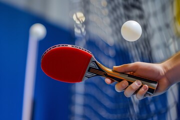 hand holding ping pong racket midswing with ball in motion