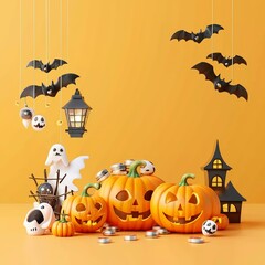 Halloween festival background on yellow background Ghost Pumpkin, bats, eyeballs, spiders, ghost coins